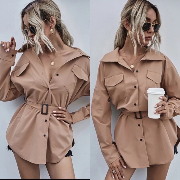 Button Detail Belted Long Sleeve Shirt- BRICK - Picture 4 of 10